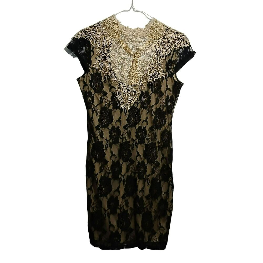 Elegant Minerva Women L Black Lace Overlay High Neck Fitted Dress Y2K
